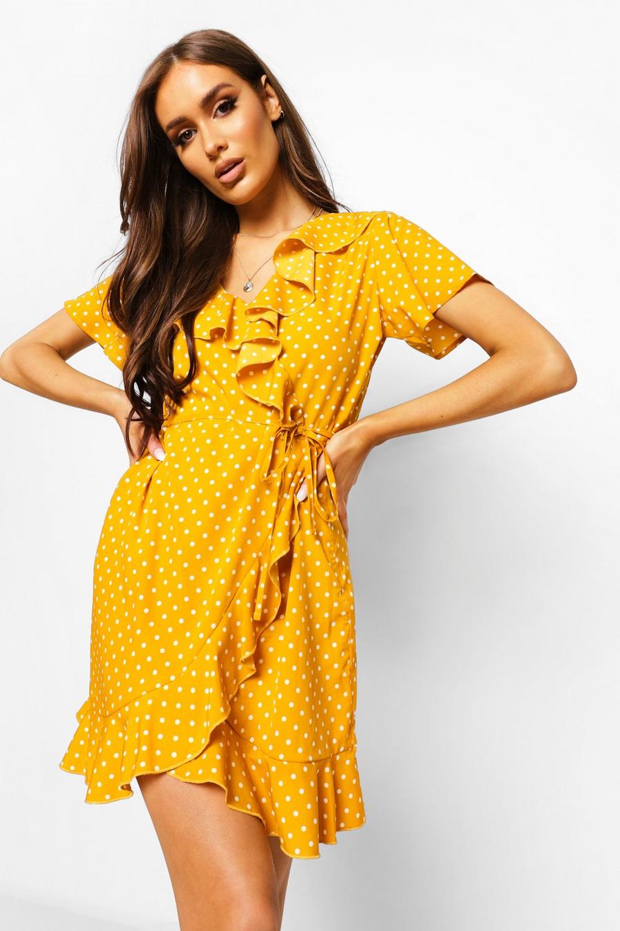 חרדל amarillo שמלת תה ארוגה עם מלמלה ומעטפת בחזית ונקודות פולקה