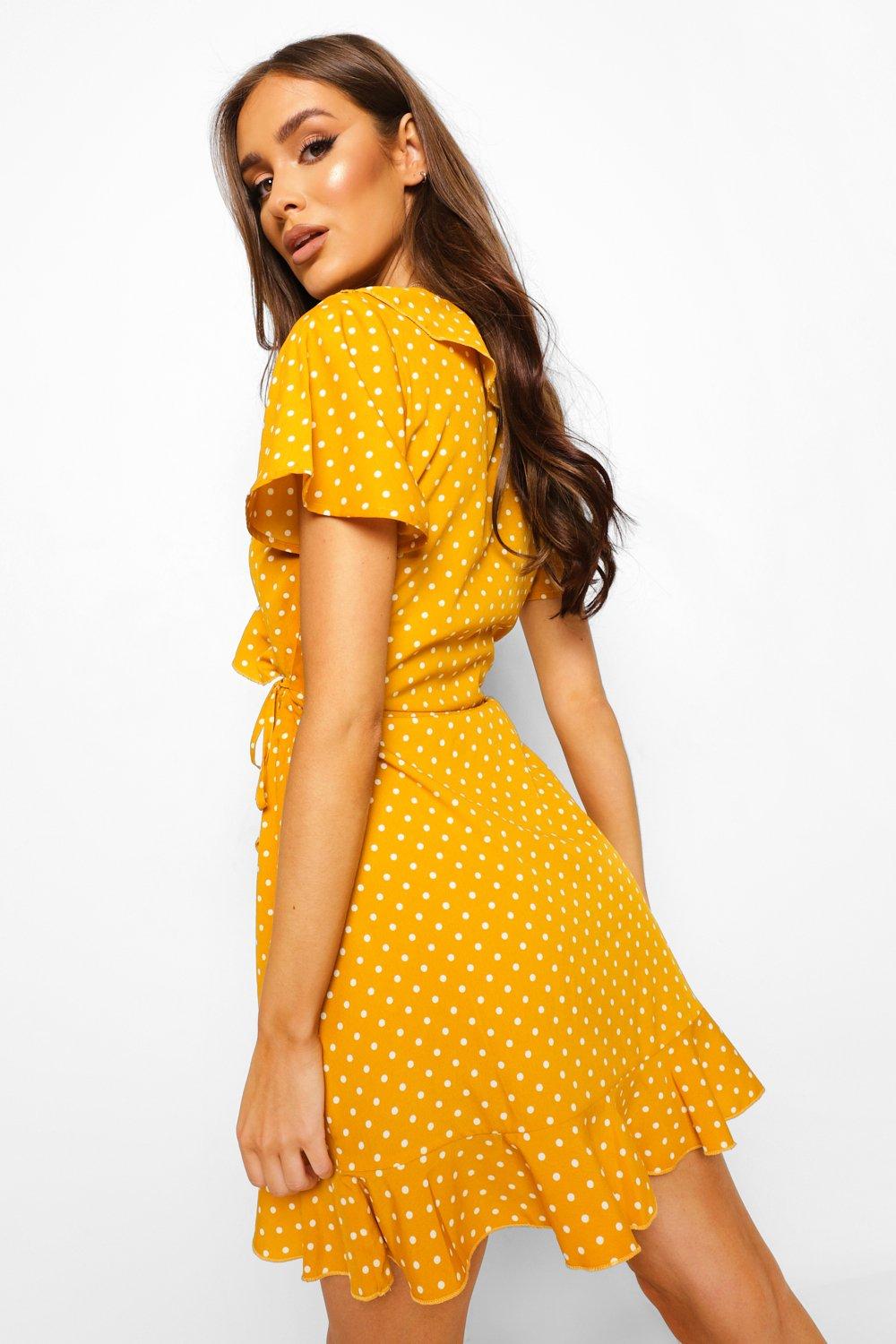 Polka dot wrap front ruffle best sale tea dress