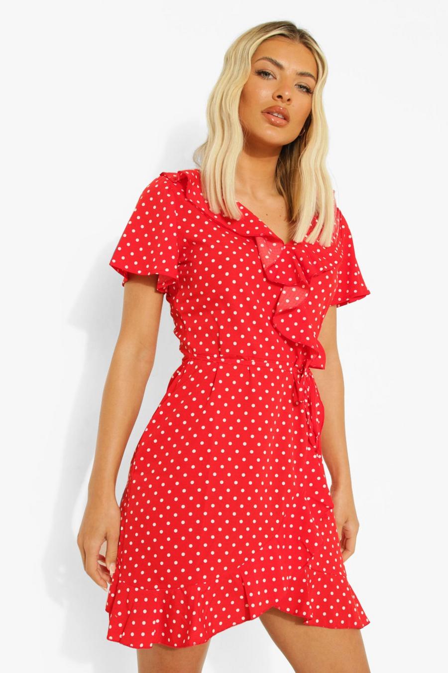 Red Woven Polka Dot Wrap Front Ruffle Tea Dress image number 1