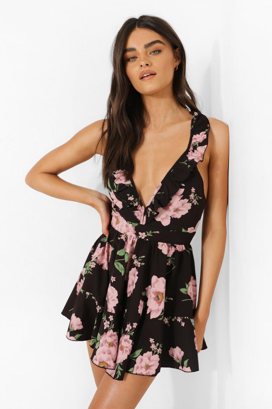 Black Floral Ruffle Strappy Playsuit image number 1