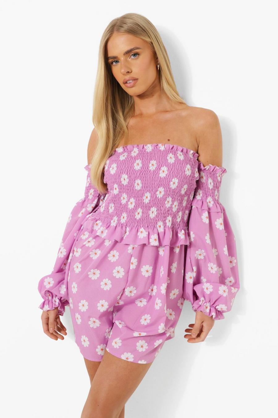 Pink Daisy Print Shirred Playsuit image number 1