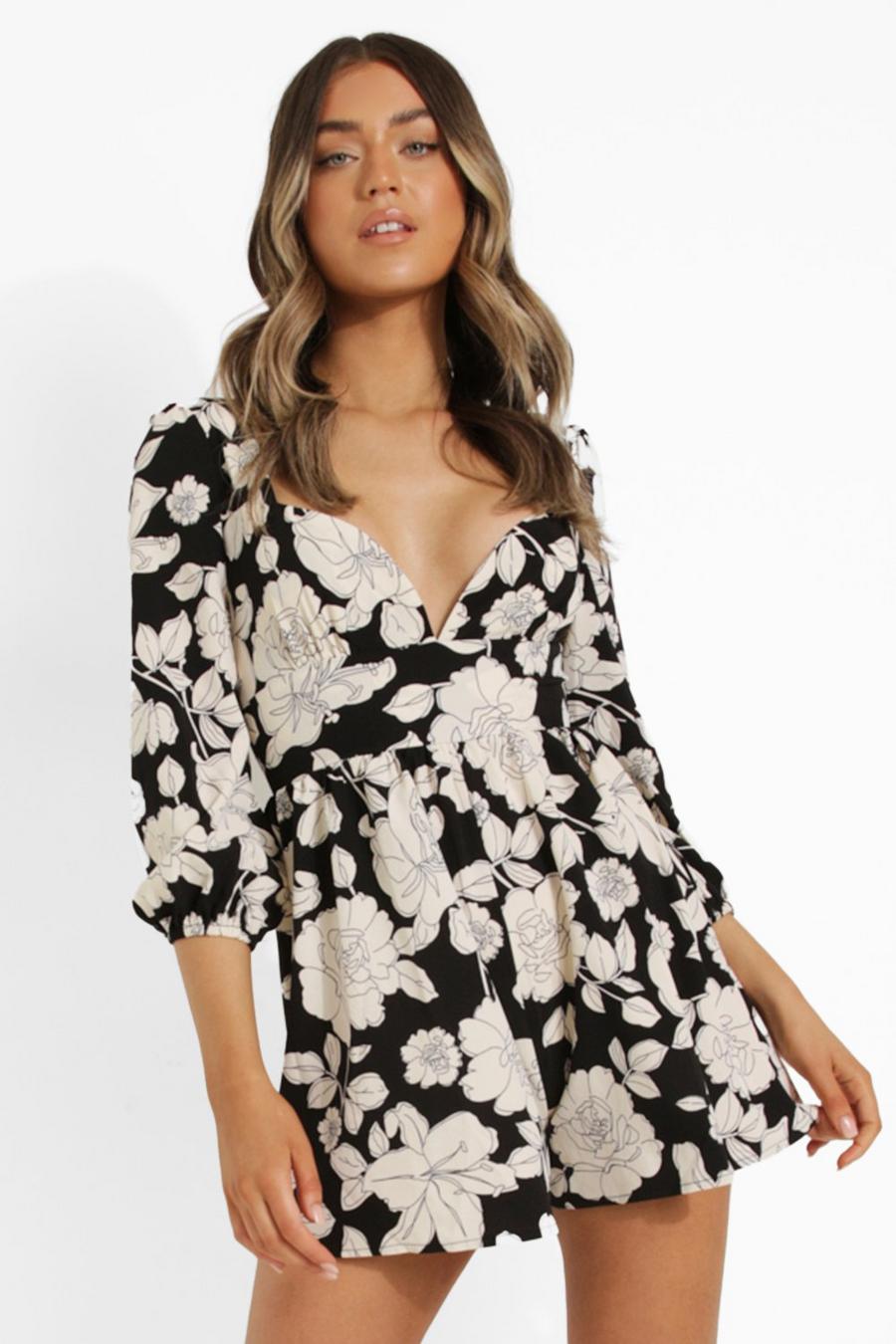 Black Floral Sweetheart Puff Sleeve Playsuit image number 1