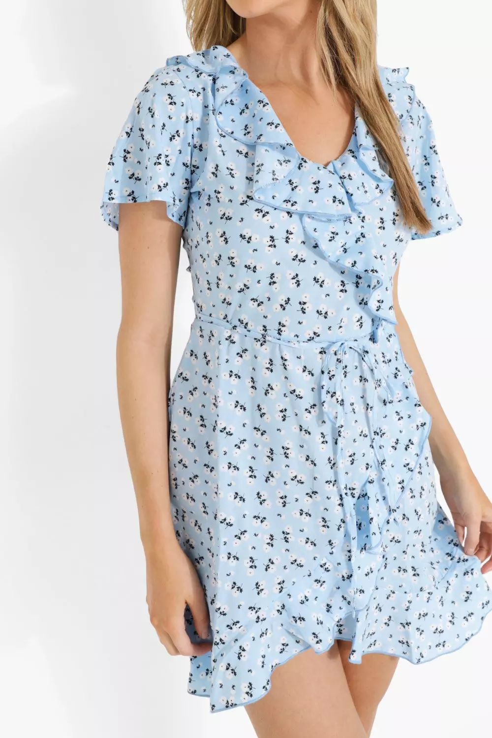 Blue floral ruffle tea dress sale