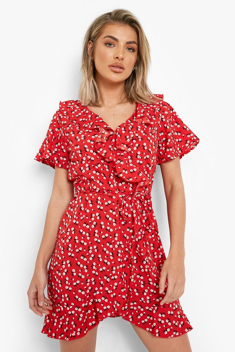 Red Woven Ditsy Floral Ruffle Wrap Tea Dress image number 1