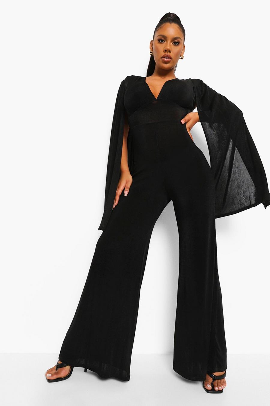 Black Textured Slinky Wide Leg Cape Jumpsuit image number 1