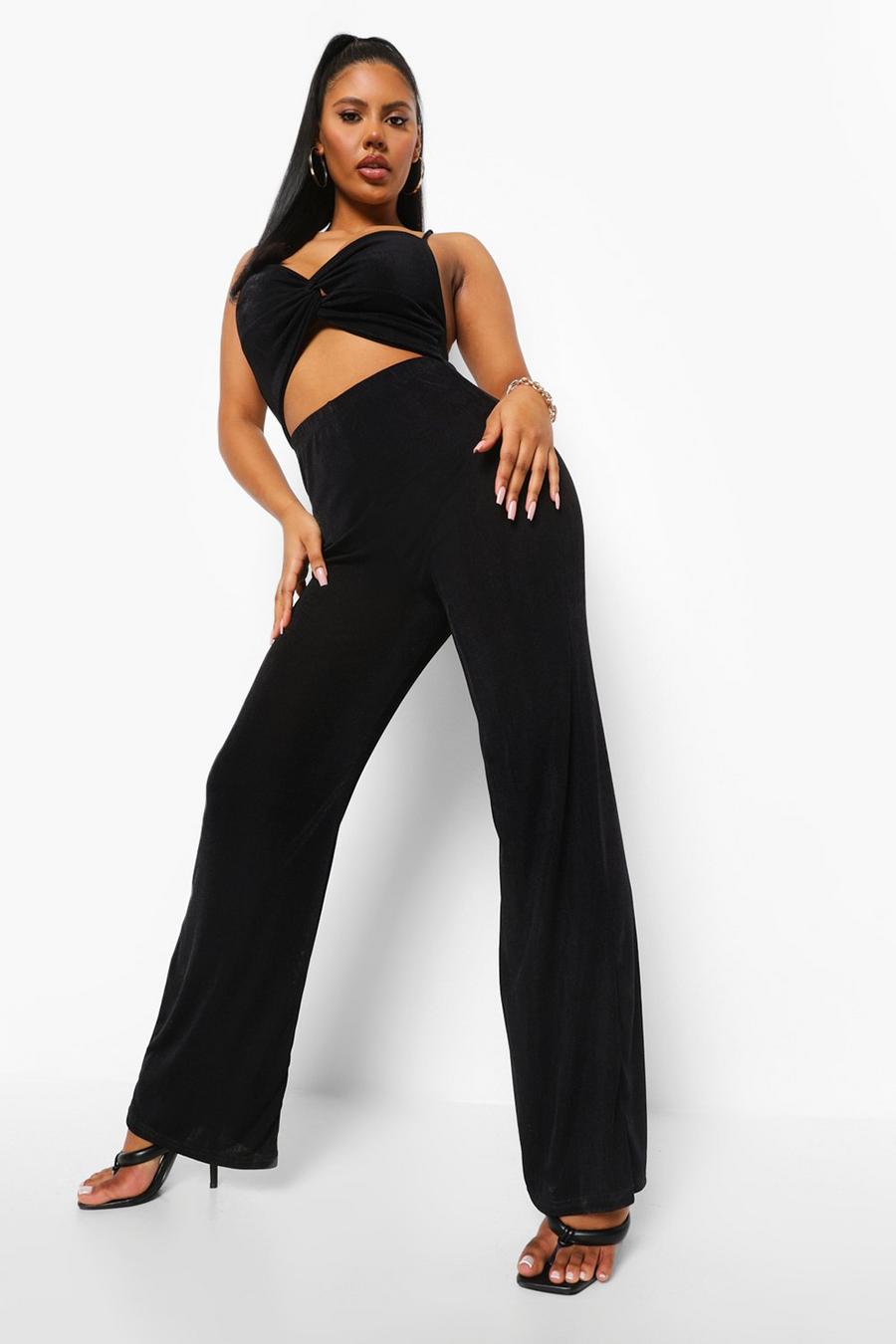 Black Textured Slinky Cut Out Wide Leg Jumpsuit image number 1