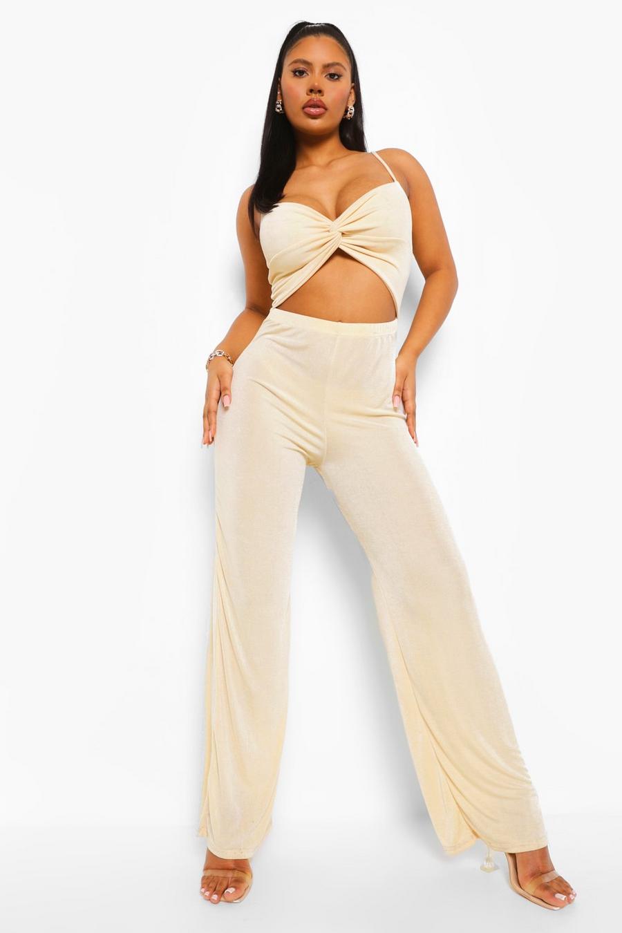 Stone Textured Slinky Cut Out Wide Leg Jumpsuit image number 1