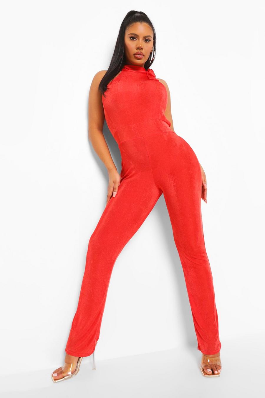 Strukturierter hochgeschlossener, ärmelloser Jumpsuit aus glänzendem Jersey, Rot image number 1