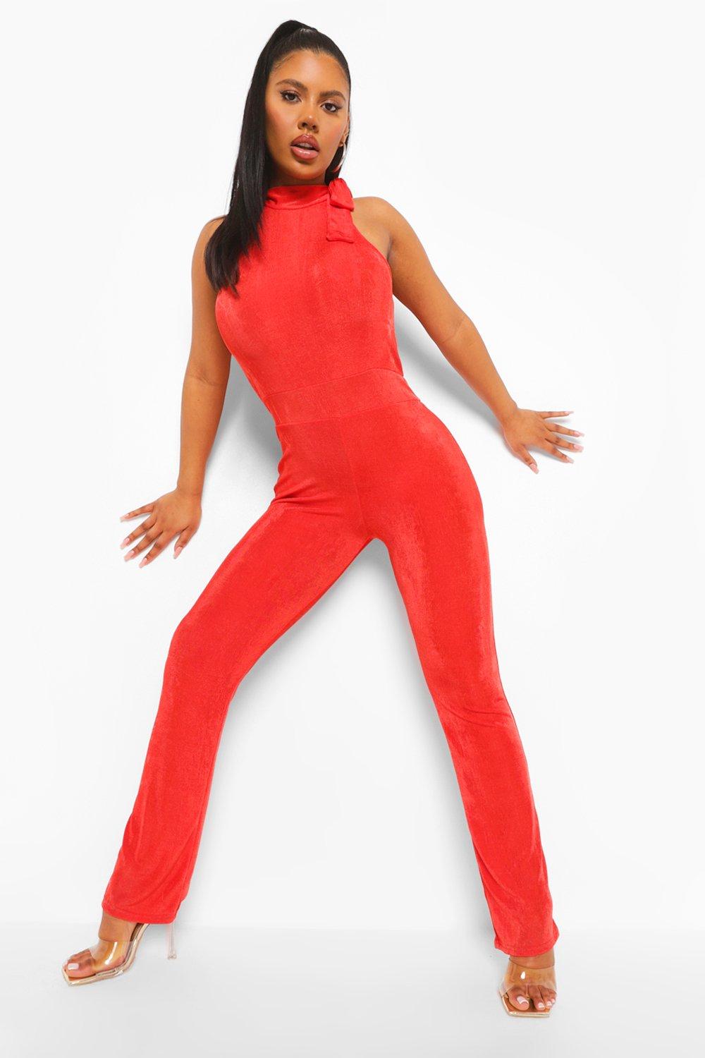 Textured Slinky High Neck Sleeveless Jumpsuit