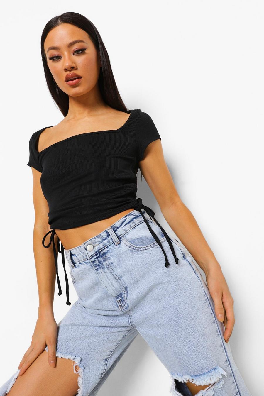 Black Square Neck Rib Ruched Crop Top image number 1