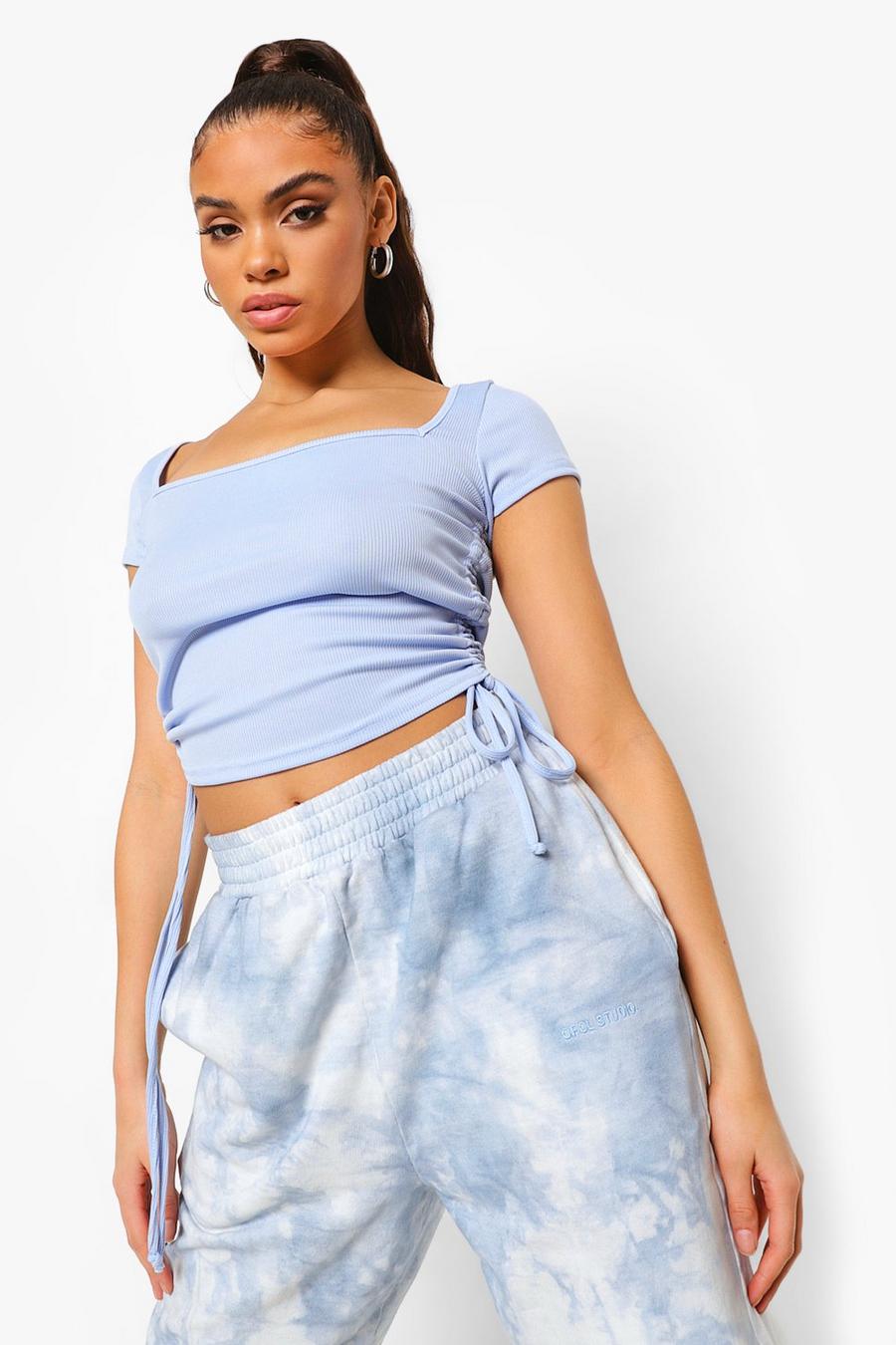 Pale blue Square Neck Rib Ruched Crop Top image number 1