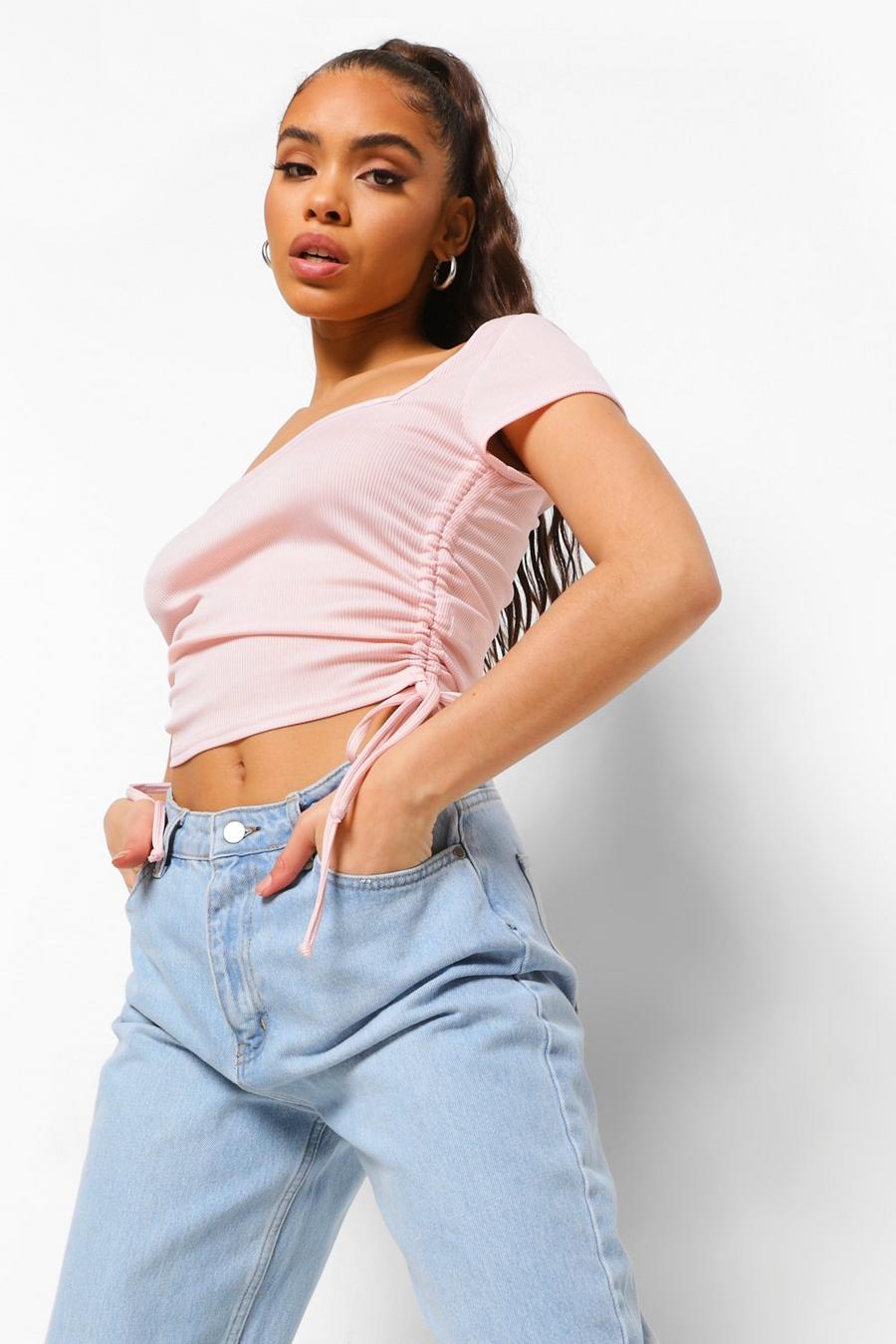Pale pink Square Neck Rib Ruched Crop Top image number 1