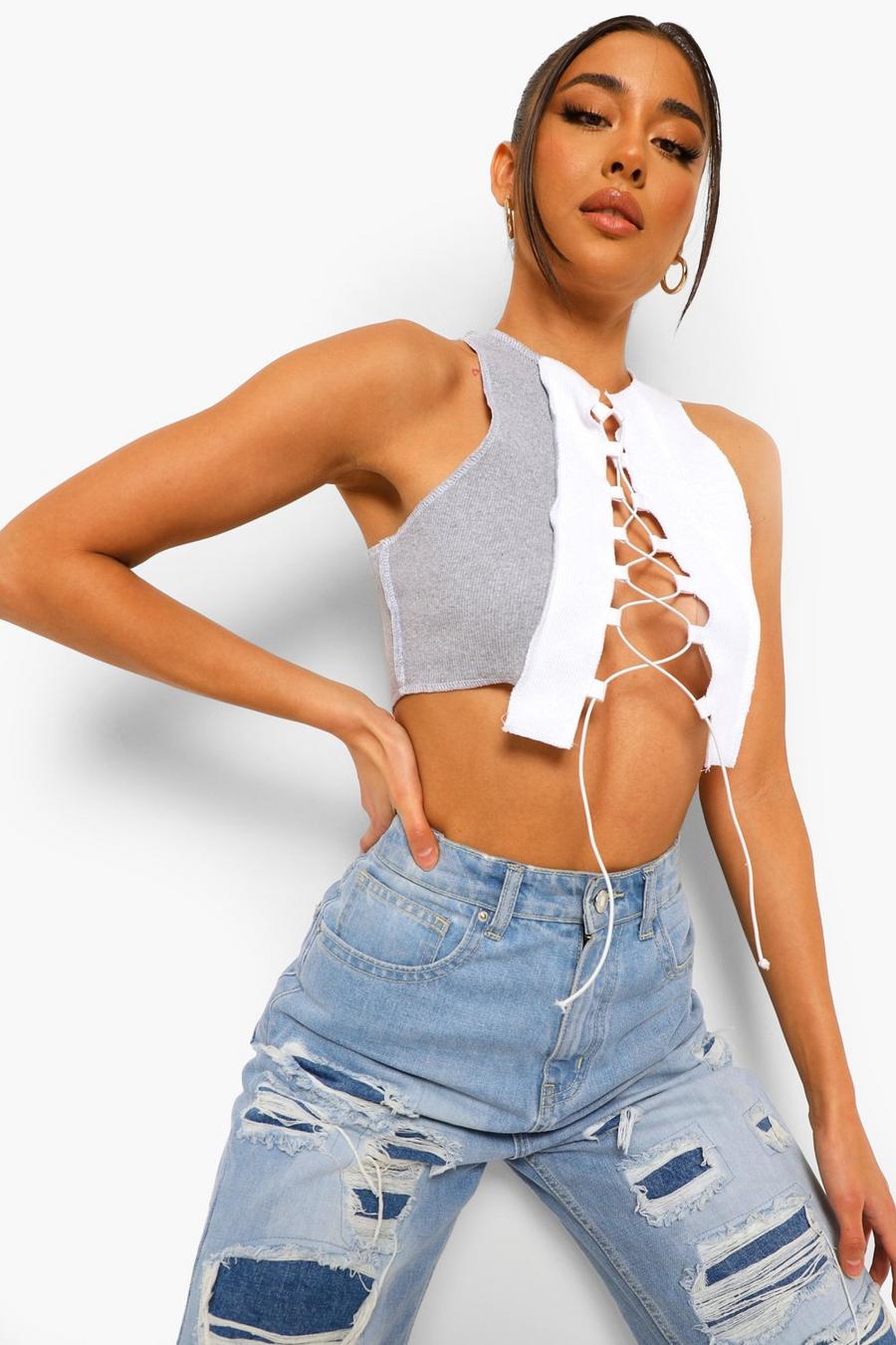 Grey Lace Up Exposed Seam Crop Top image number 1