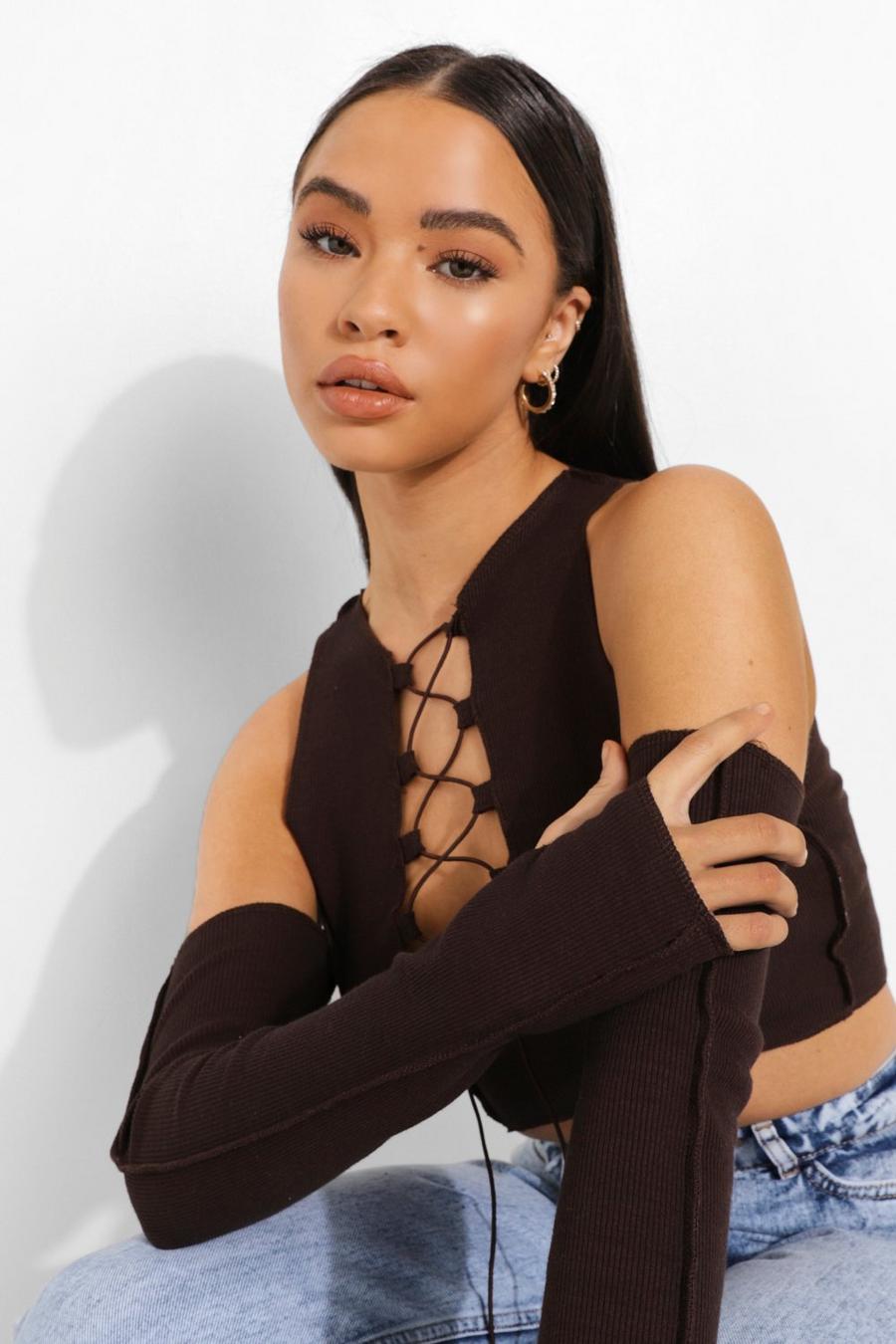 Chocolate Lace Up Cold Shoulder Rib Crop  Top image number 1