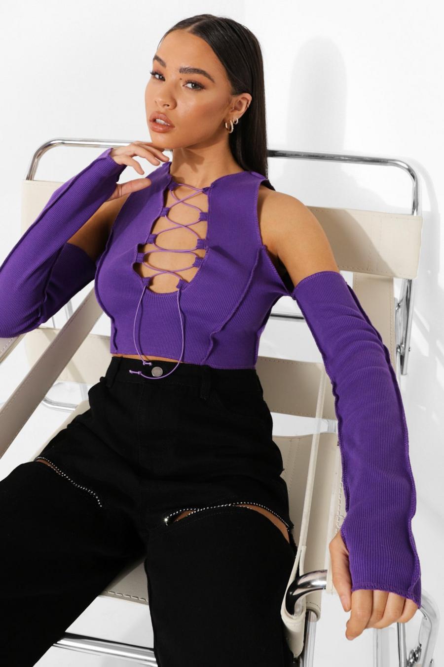 Purple Ribbad crop top med cold shoulder-detaljer och snörning image number 1