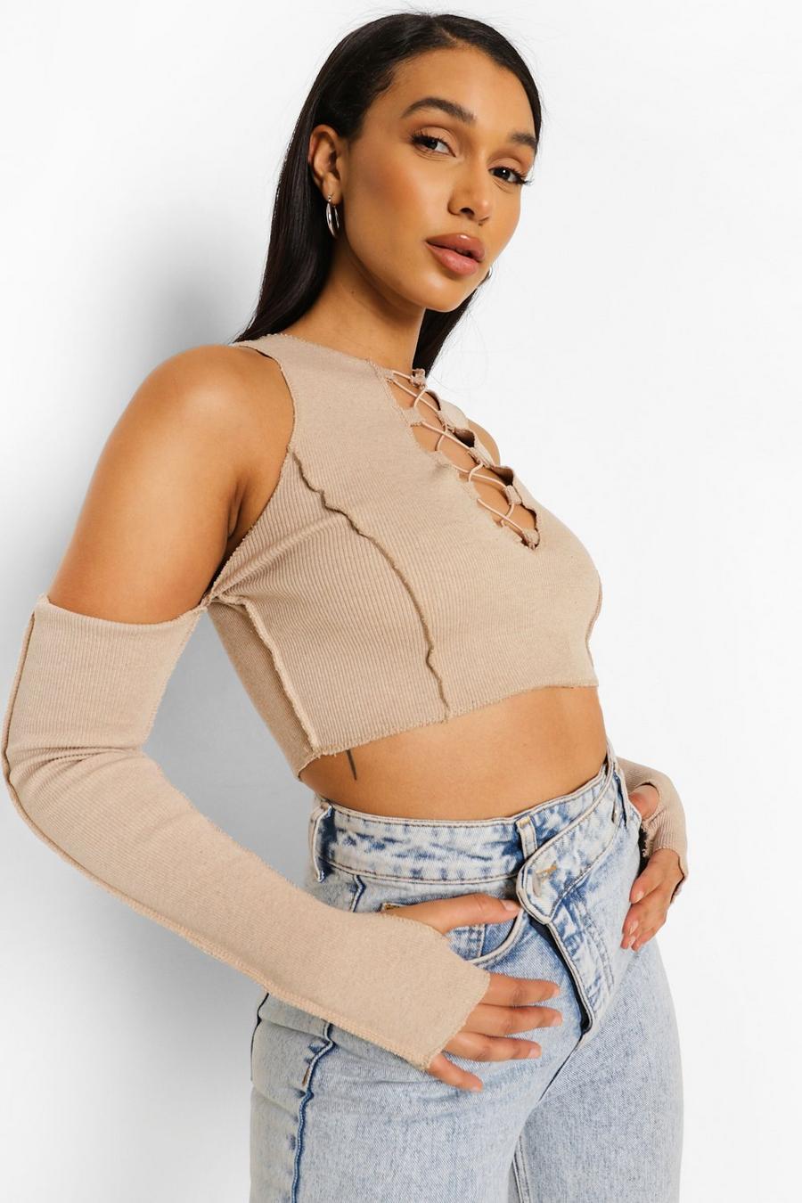 Stone Lace Up Cold Shoulder Rib Crop  Top image number 1