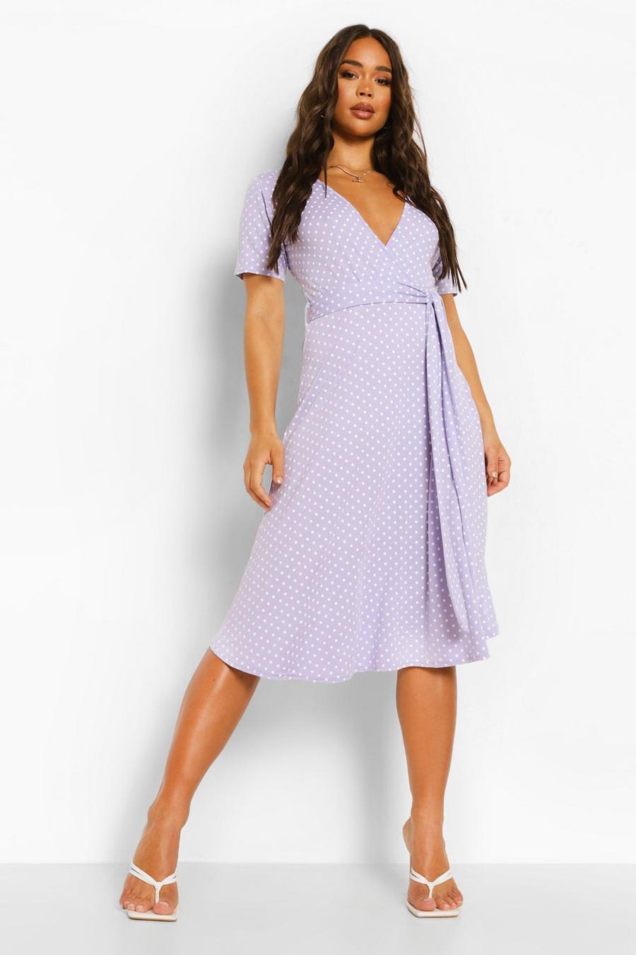 Lilac purple Polka Dot Belted Midi Wrap Tea Dress