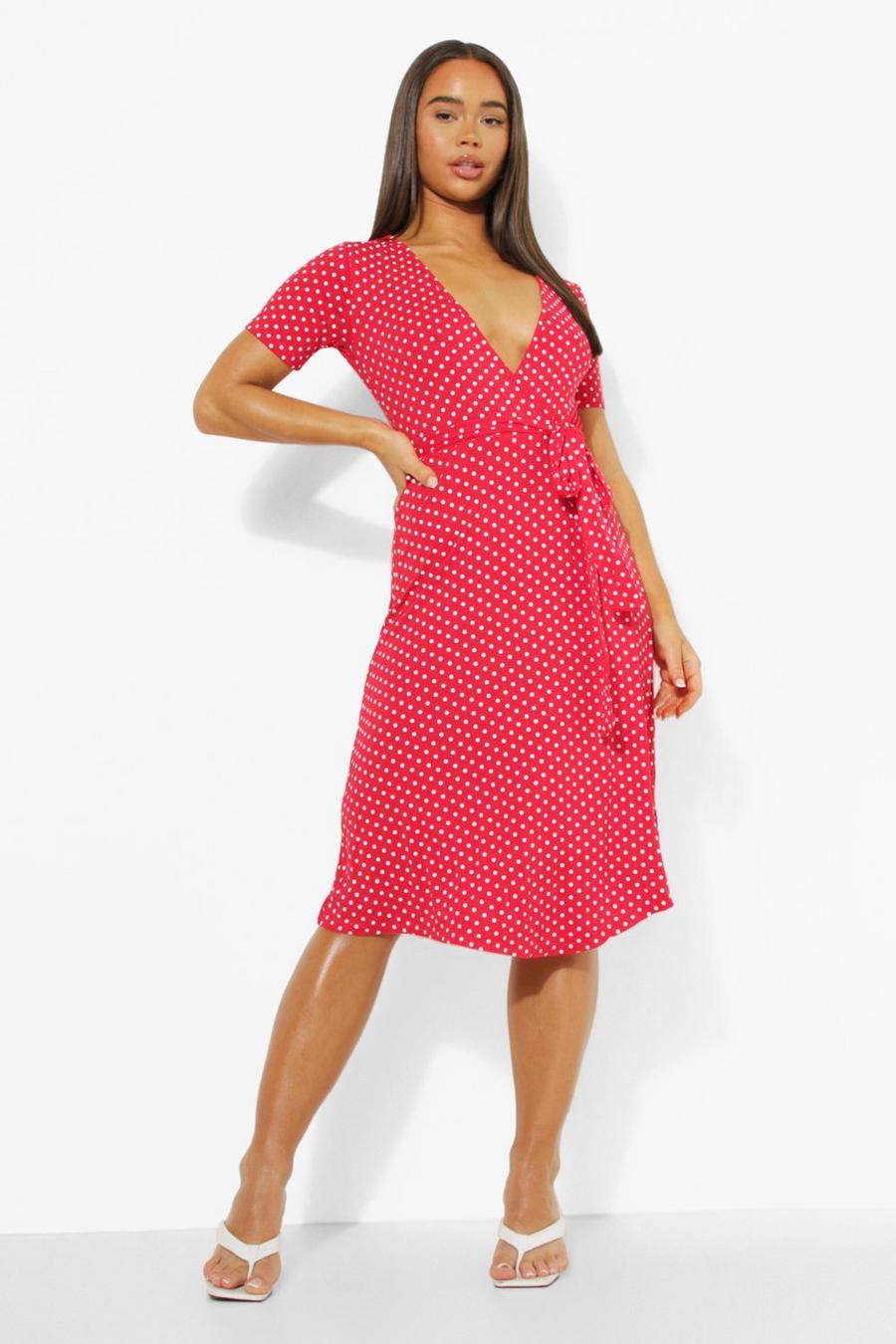 Red Polka Dot Belted Midi Wrap Tea Dress image number 1