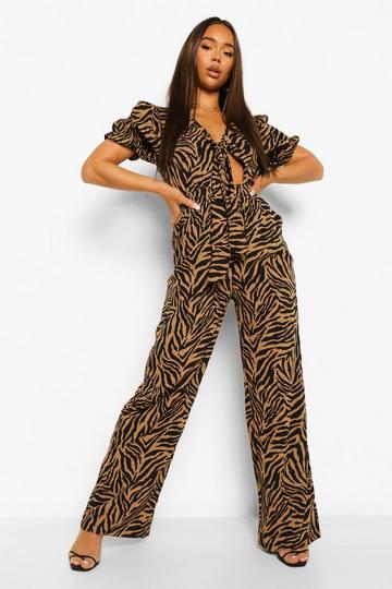 Zebra Front Knotting Jumpsuit brown