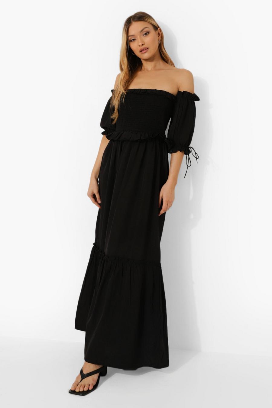 Black Bardot Shirred Bust Maxi Dress image number 1
