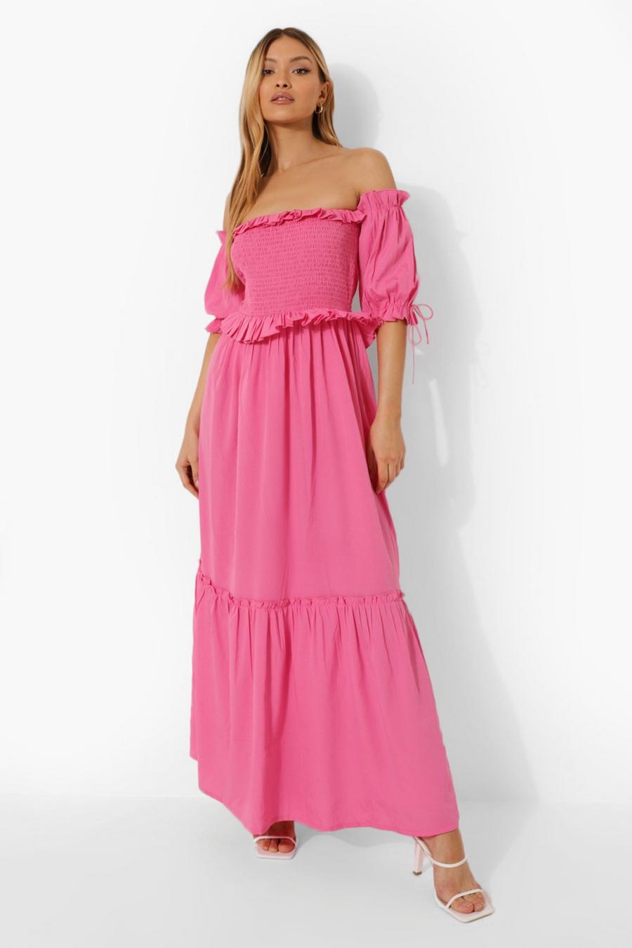 Pink Bardot Shirred Bust Maxi Dress