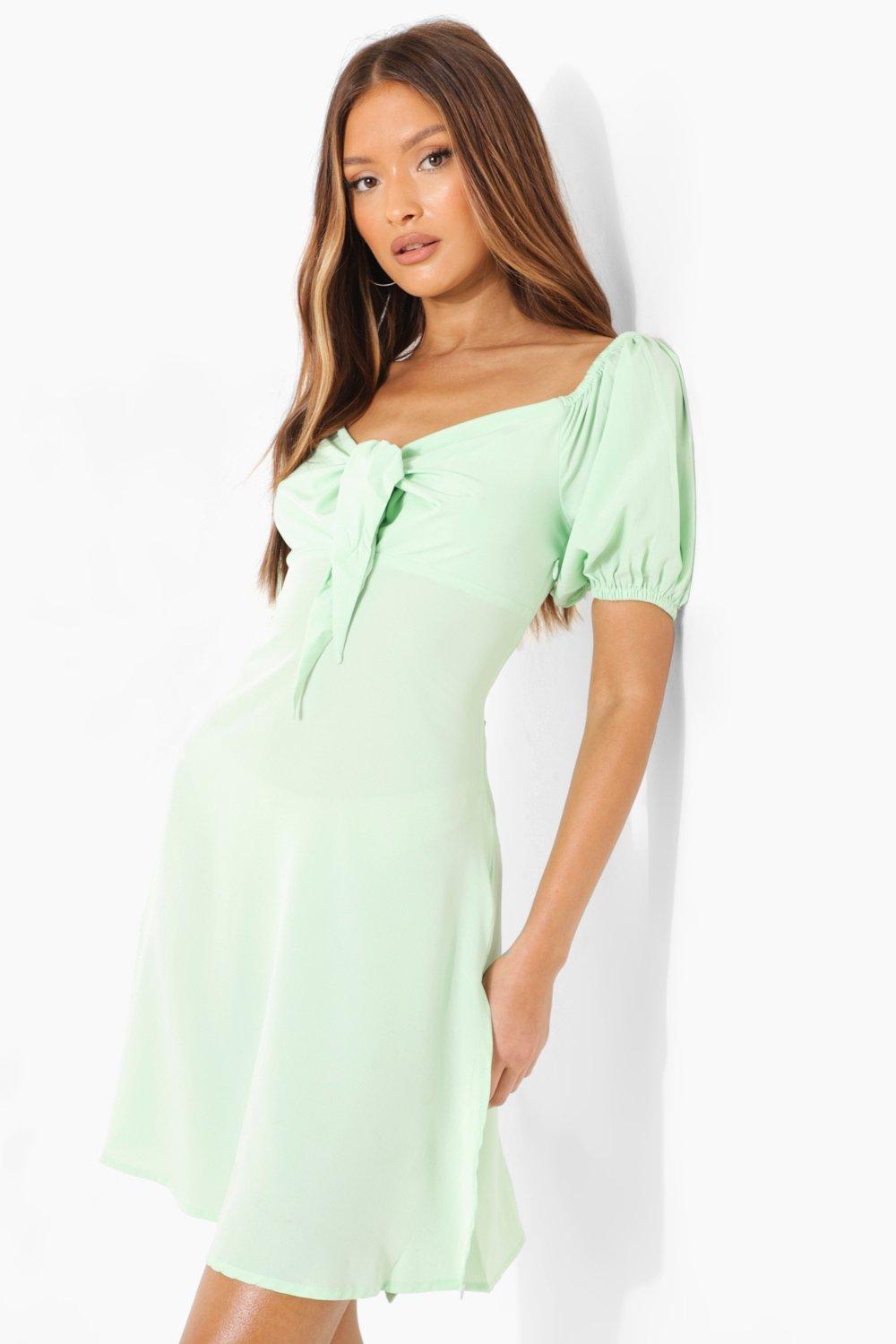 SHEIN PETITE Puff Sleeve Tie Front Ruffle Hem Dress