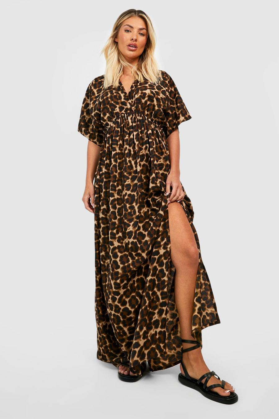 Brown brun Leopard Plunge Side Split Maxi Dress
