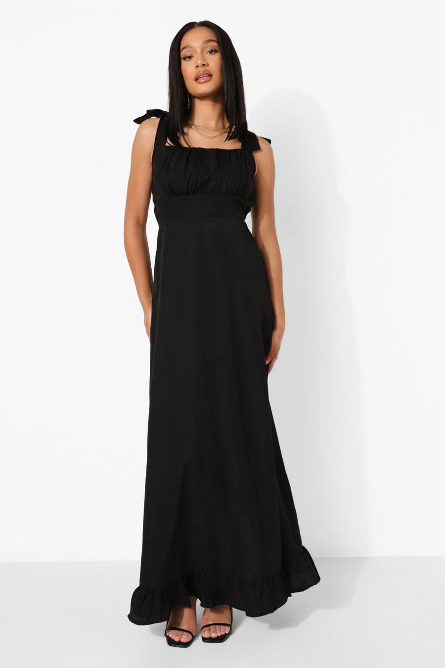 Black Square Neck Tie Strap Ruched Bust Maxi Dress image number 1