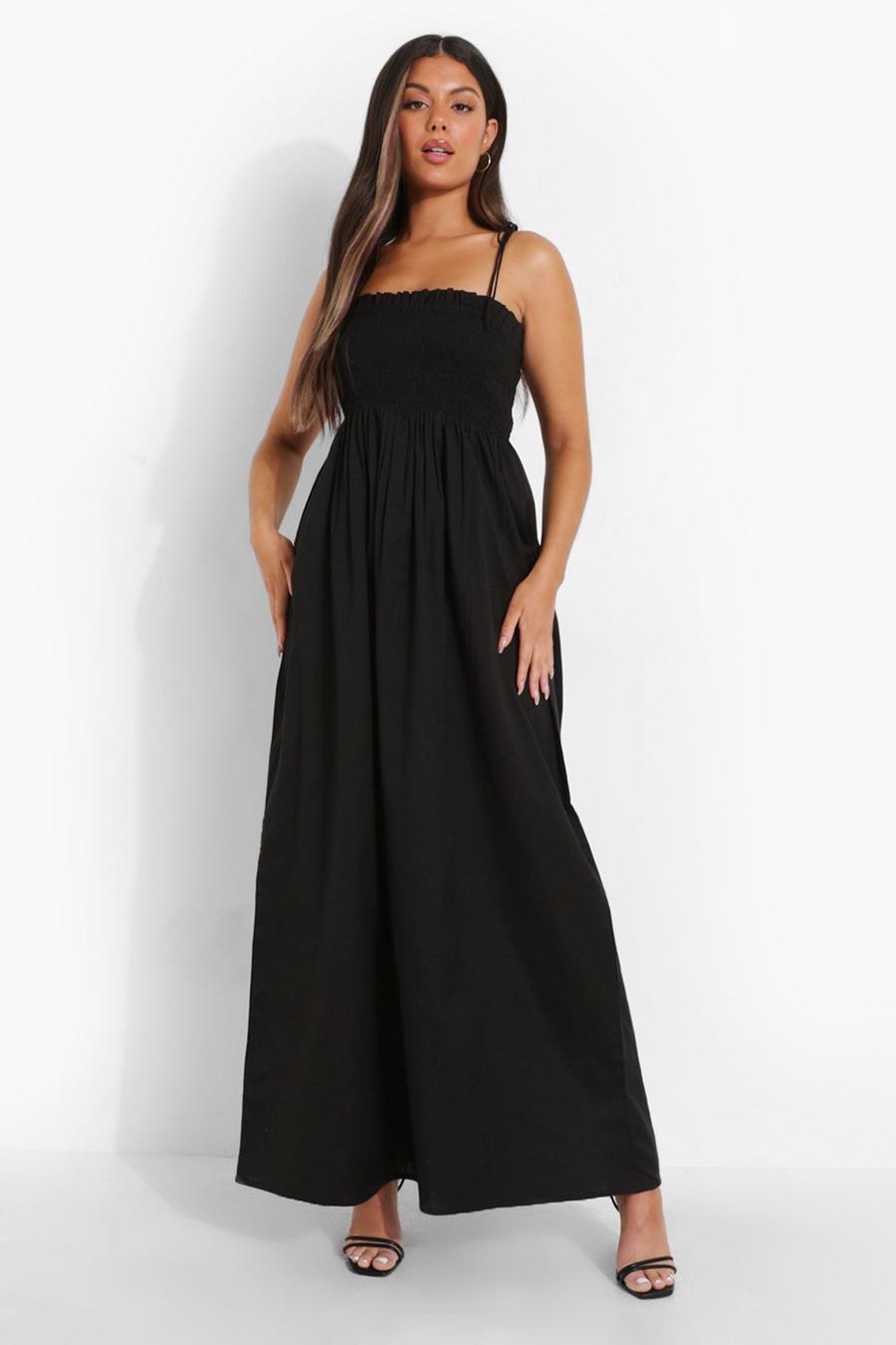 Black Strappy Shirred Bust Maxi Dress