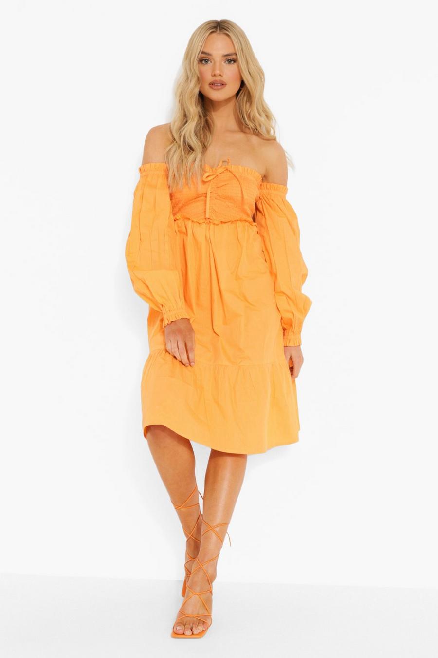 Orange Square Neck Shirred Midi Smock Dress image number 1