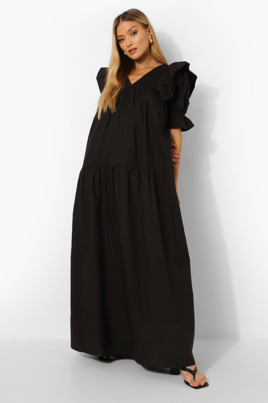 Black Ruffle Sleeve Maxi Smock Dress image number 1