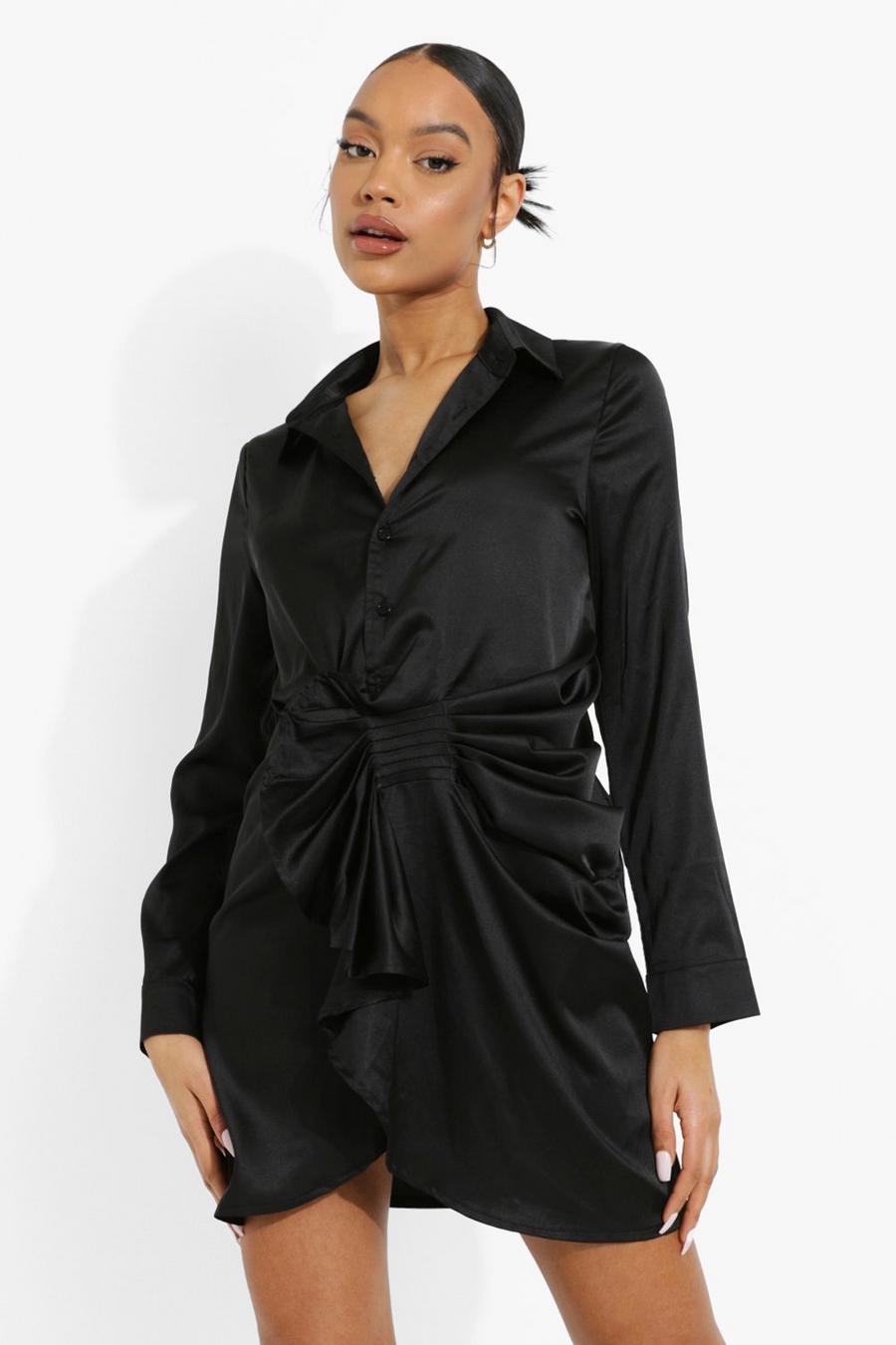 Black Satin Ruched Drape Shirt Dress image number 1
