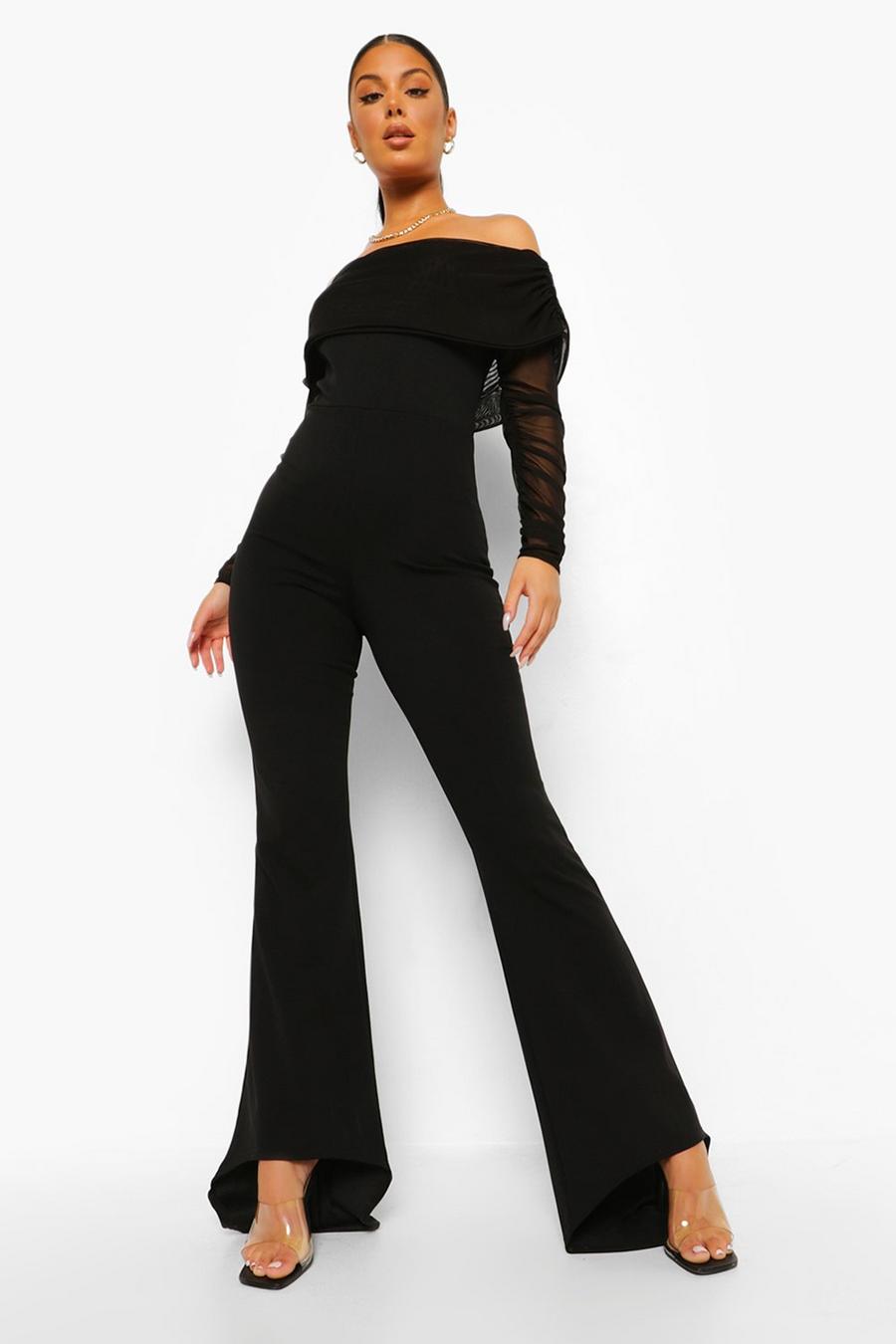 שחור אוברול ברדו מבד רשת עם מכנסיים מתרחבים image number 1