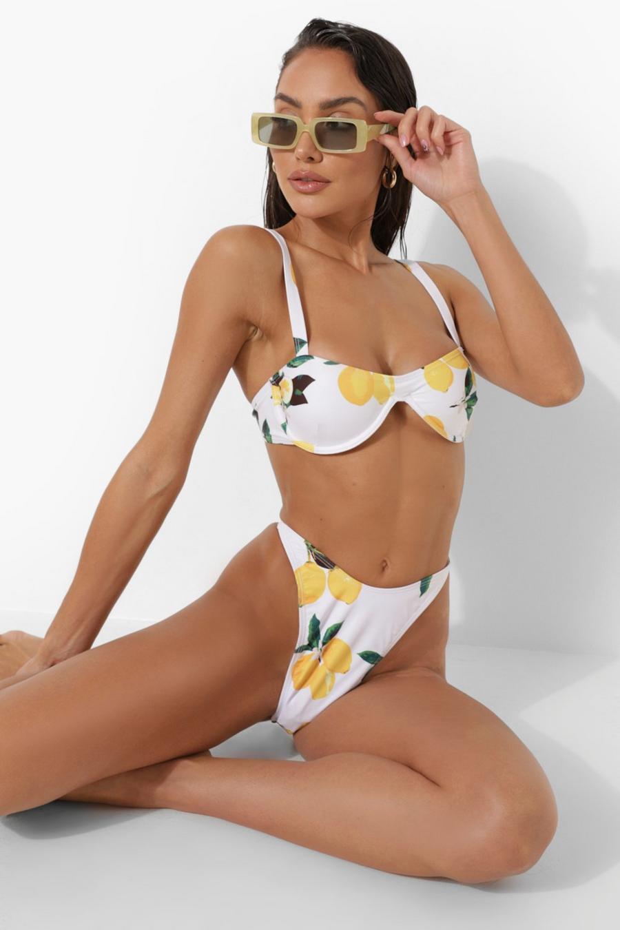 Parte superiore bikini con ferretto, scollo squadrato e stampa di limoni , Bianco image number 1