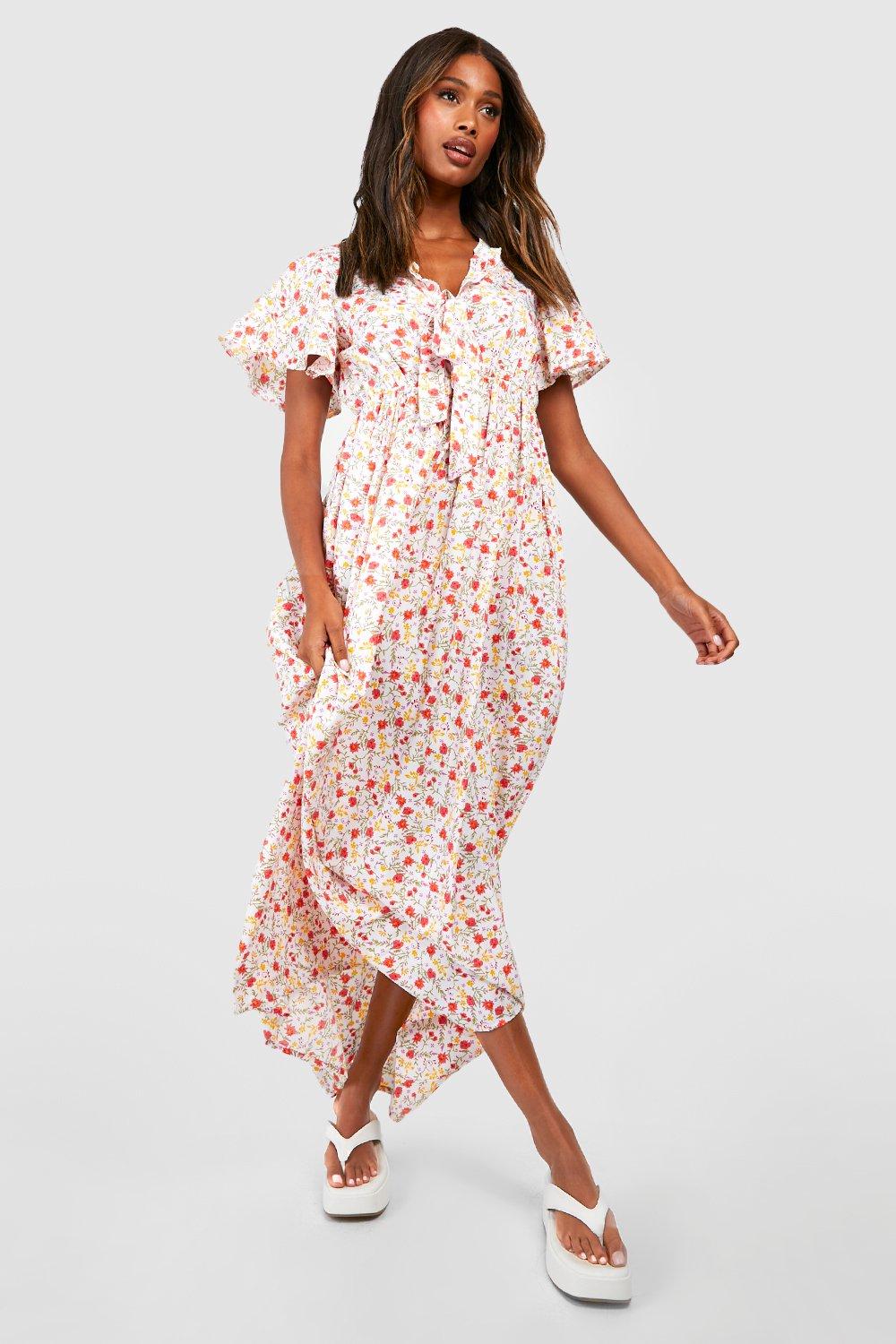 Women s Floral Frill Sleeve Plunge Maxi Dress Boohoo UK