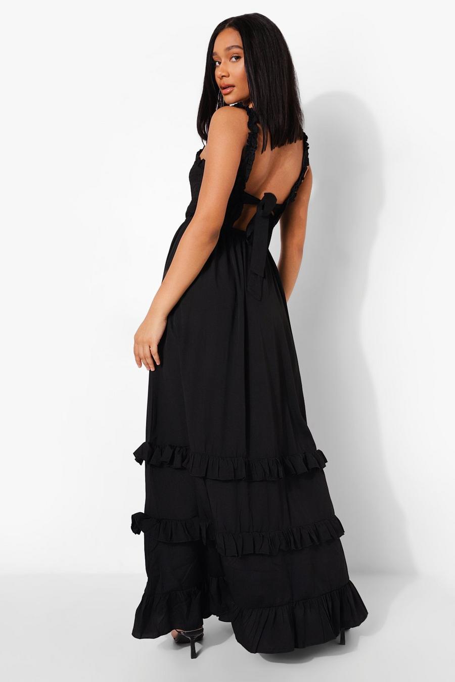 Black Ruffle Shirred Tie Back Tiered Maxi Dress image number 1