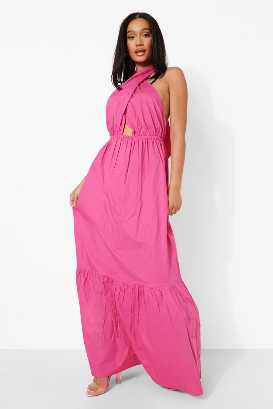 Pink Cotton Wrap Halter Drop Hem Maxi Dress image number 1
