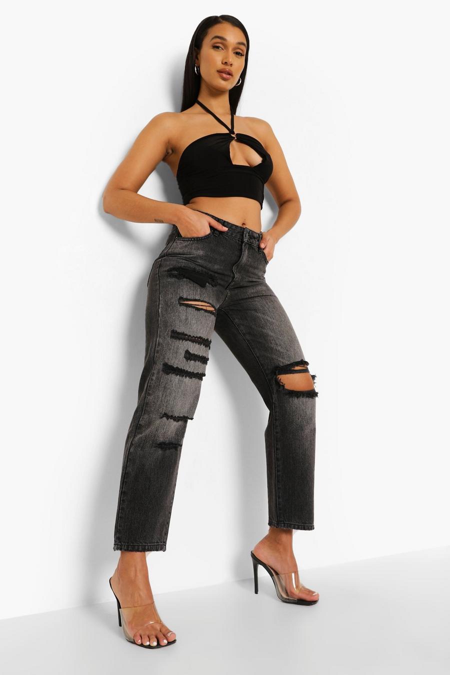 Washed black Mid Rise Distressed Straight Leg Jeans image number 1