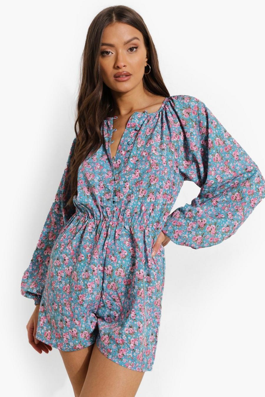 Blue Floral Balloon Sleeve Button Front Playsuit image number 1