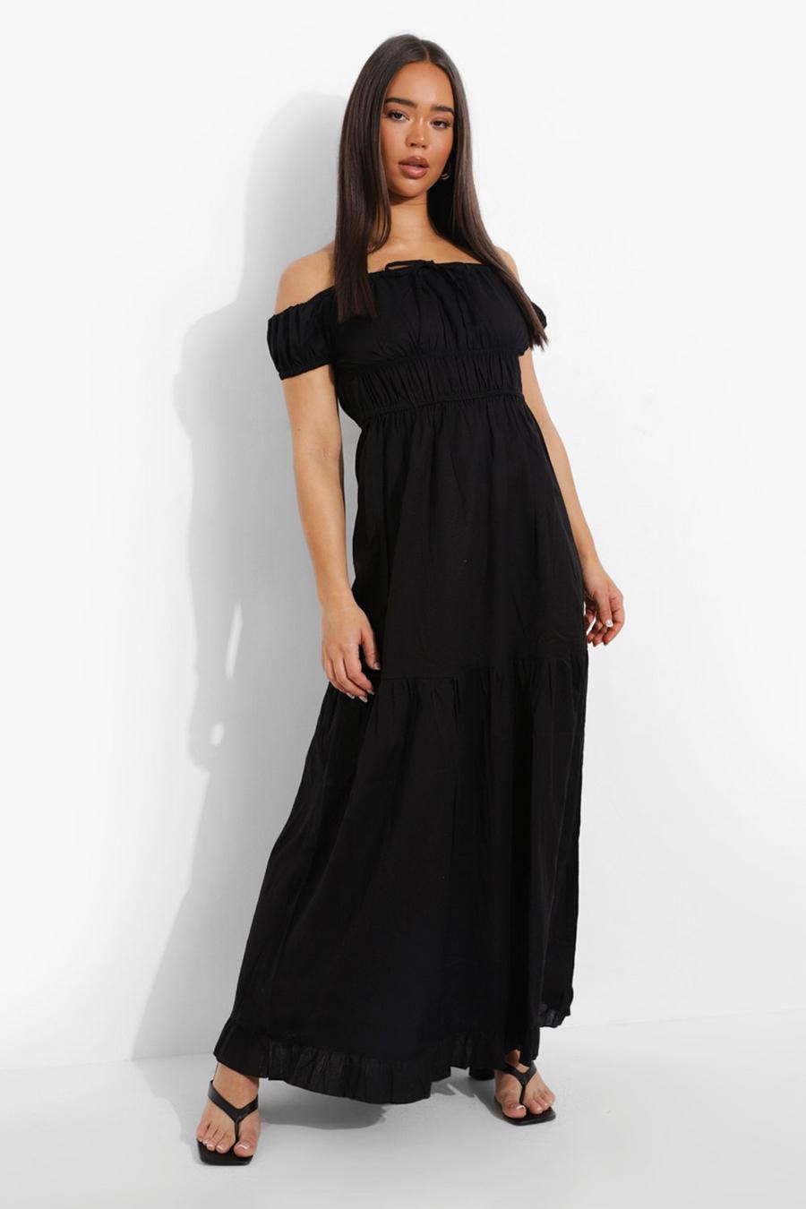 Vestido maxi con capas con detalle de nudo de algodón estilo Bardot, Negro image number 1