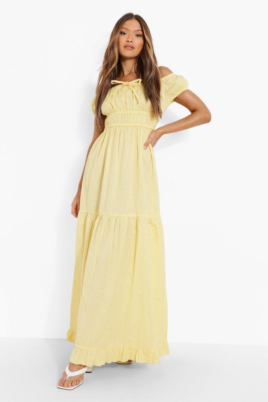 Lemon Cotton Bardot Tie Detail Tiered Maxi Dress image number 1