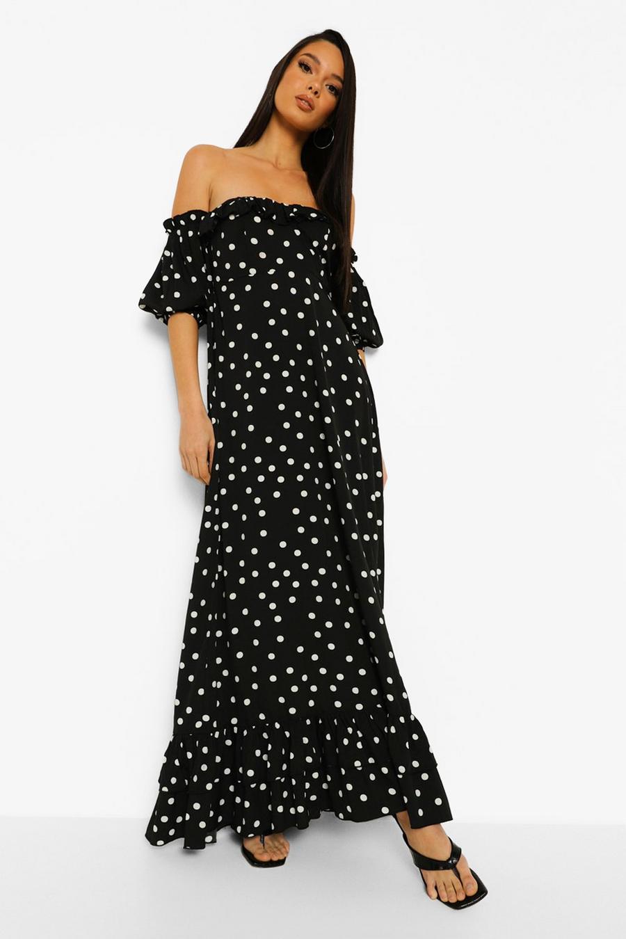 Black Polka Dot Bardot Puff Sleeve Maxi Dress