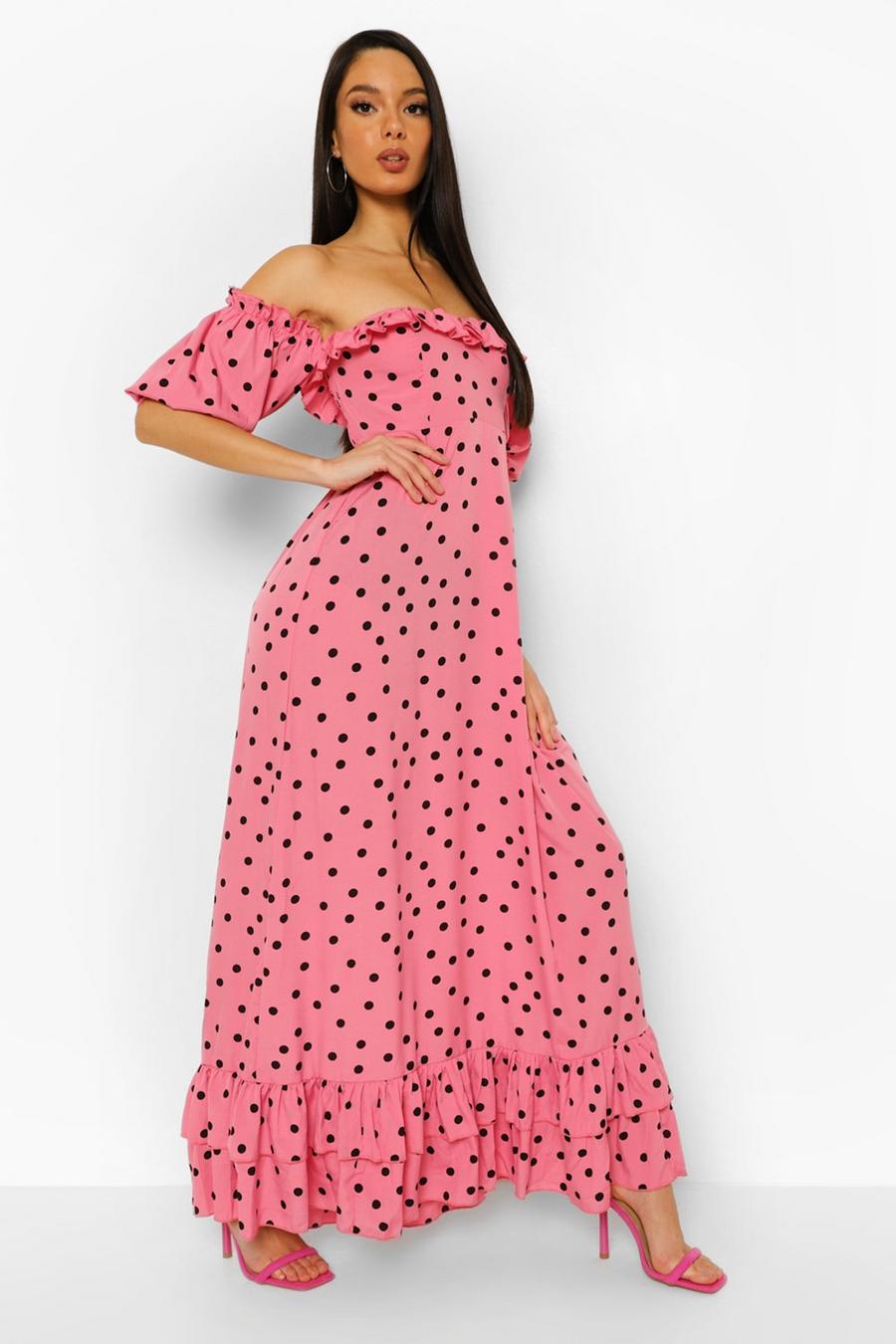 Pink Polka Dot Bardot Puff Sleeve Maxi Dress image number 1
