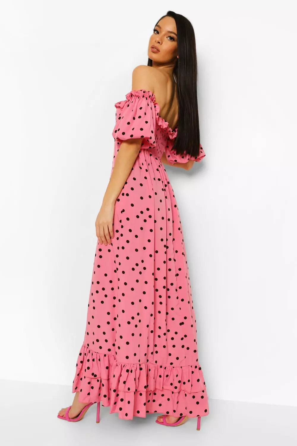 Pink polka 2025 dot bardot dress