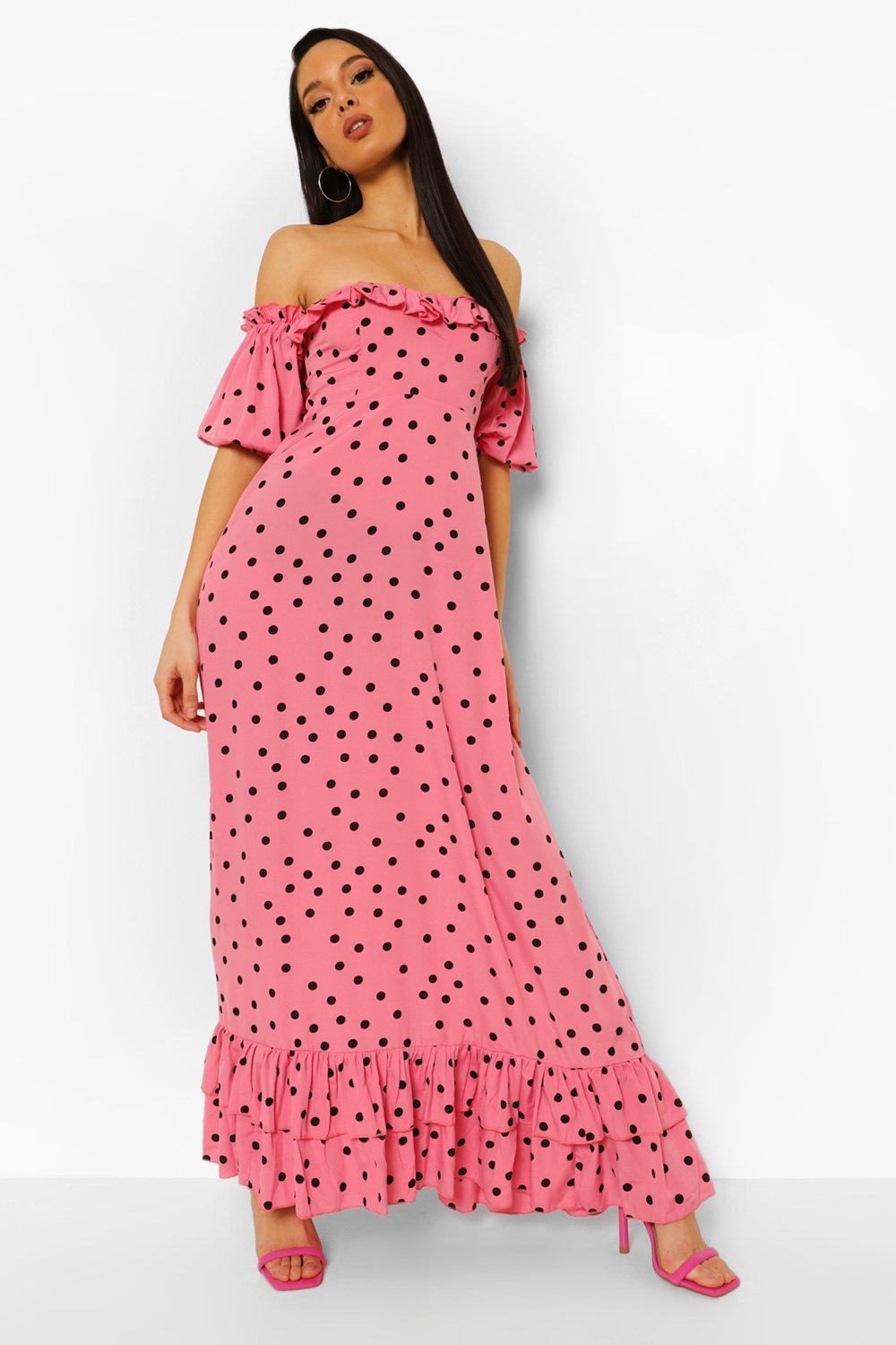 Womens Polka Dot Off The Shoulder Puff Sleeve Maxi Dres Boohoo Women Clothing Dresses Strapless Dresses 4 