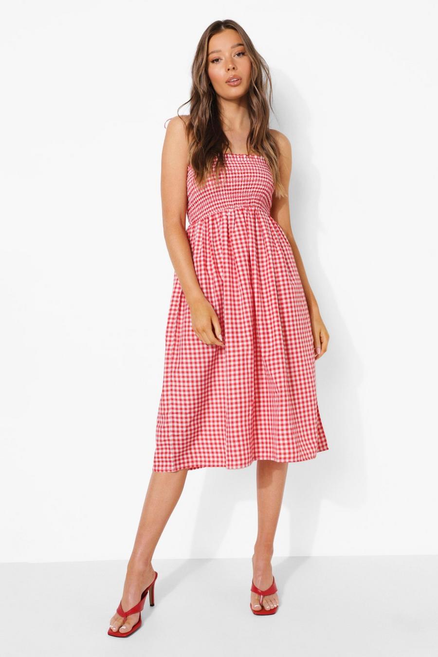 Red Gingham Strappy Shirred Midi Smock Dress image number 1