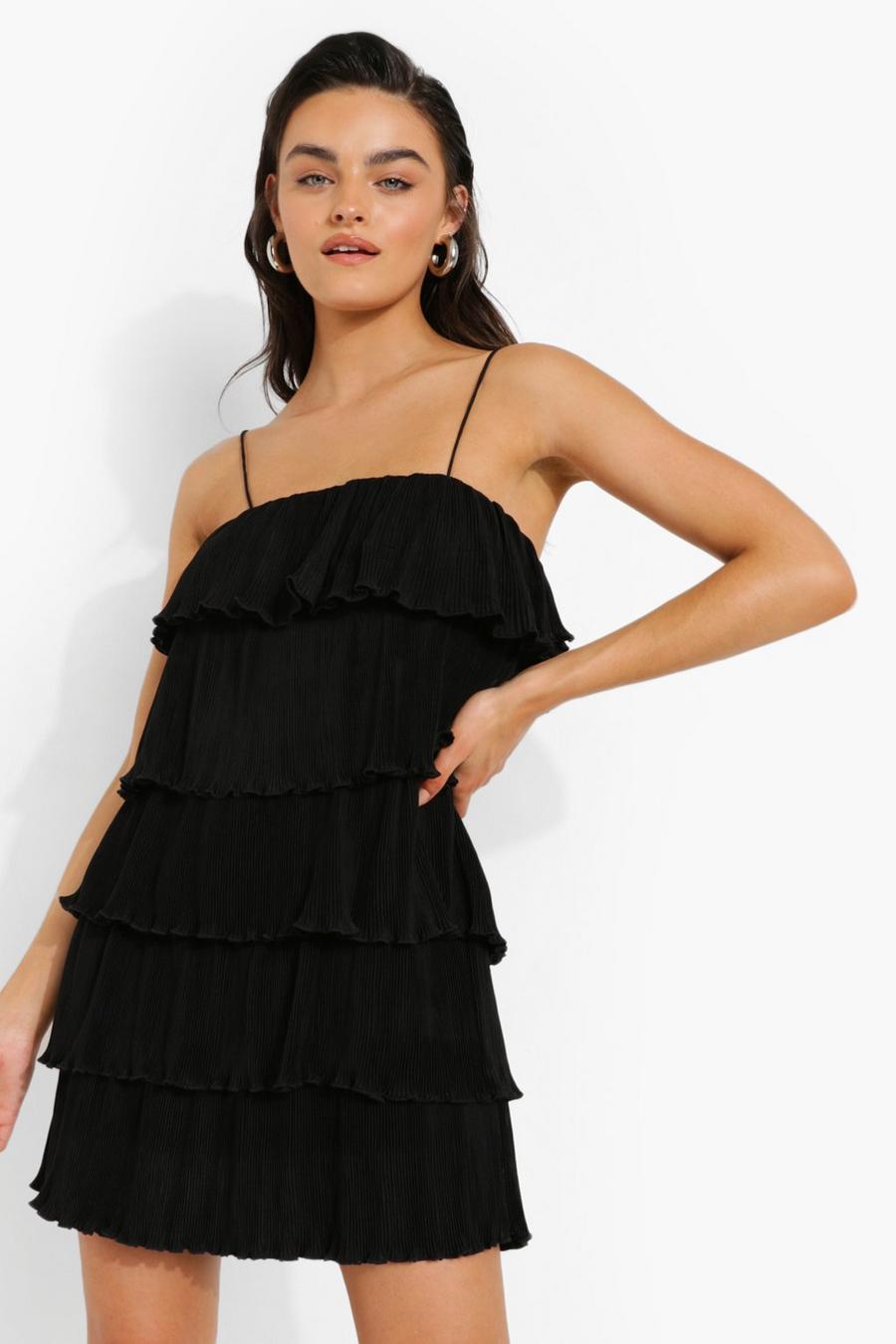 Black Strappy Pleated Tiered Swing Dress image number 1