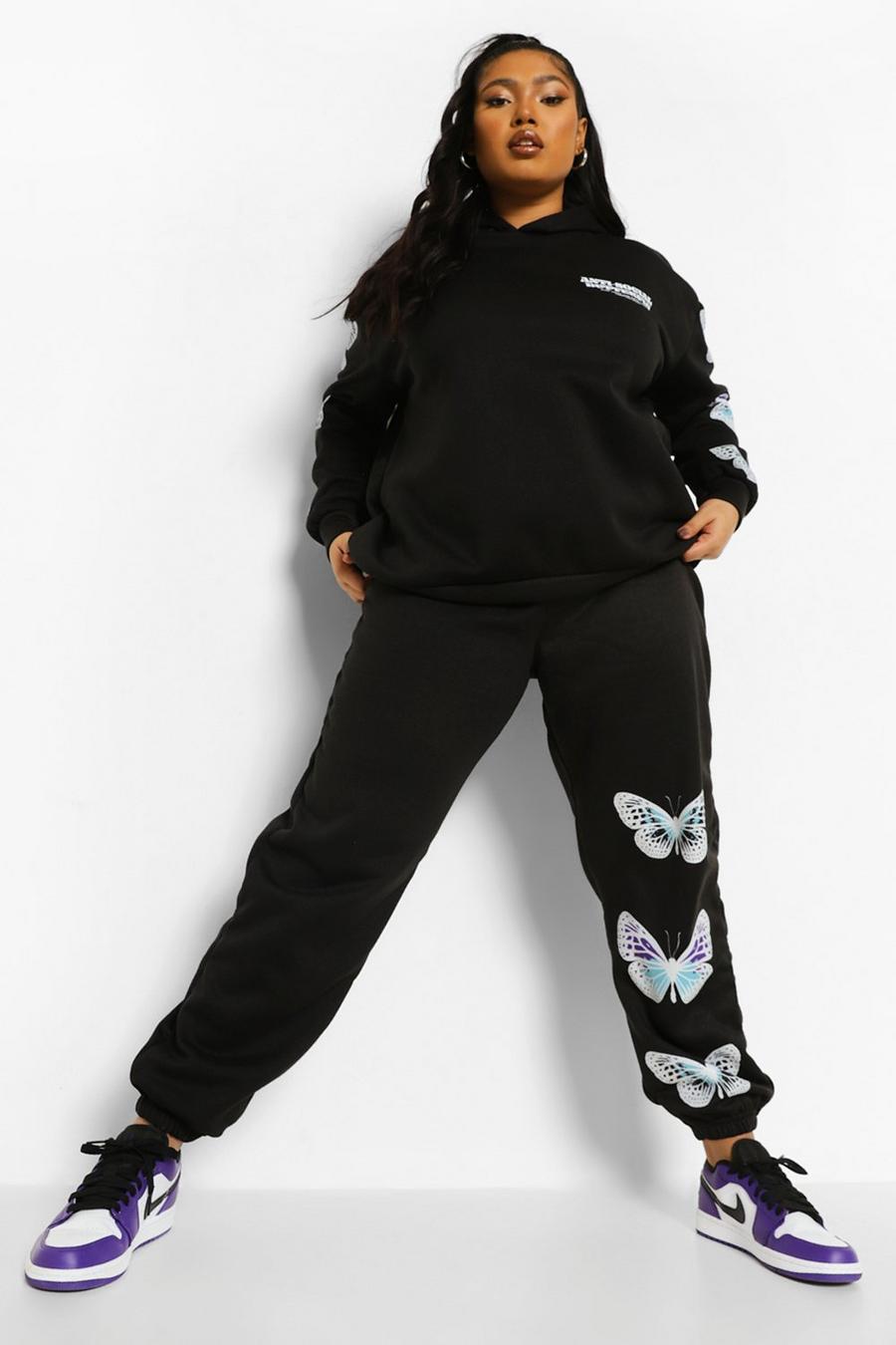Grande taille - Sweat à capuche et pantalon de survêtement imprimé papillon, Black image number 1