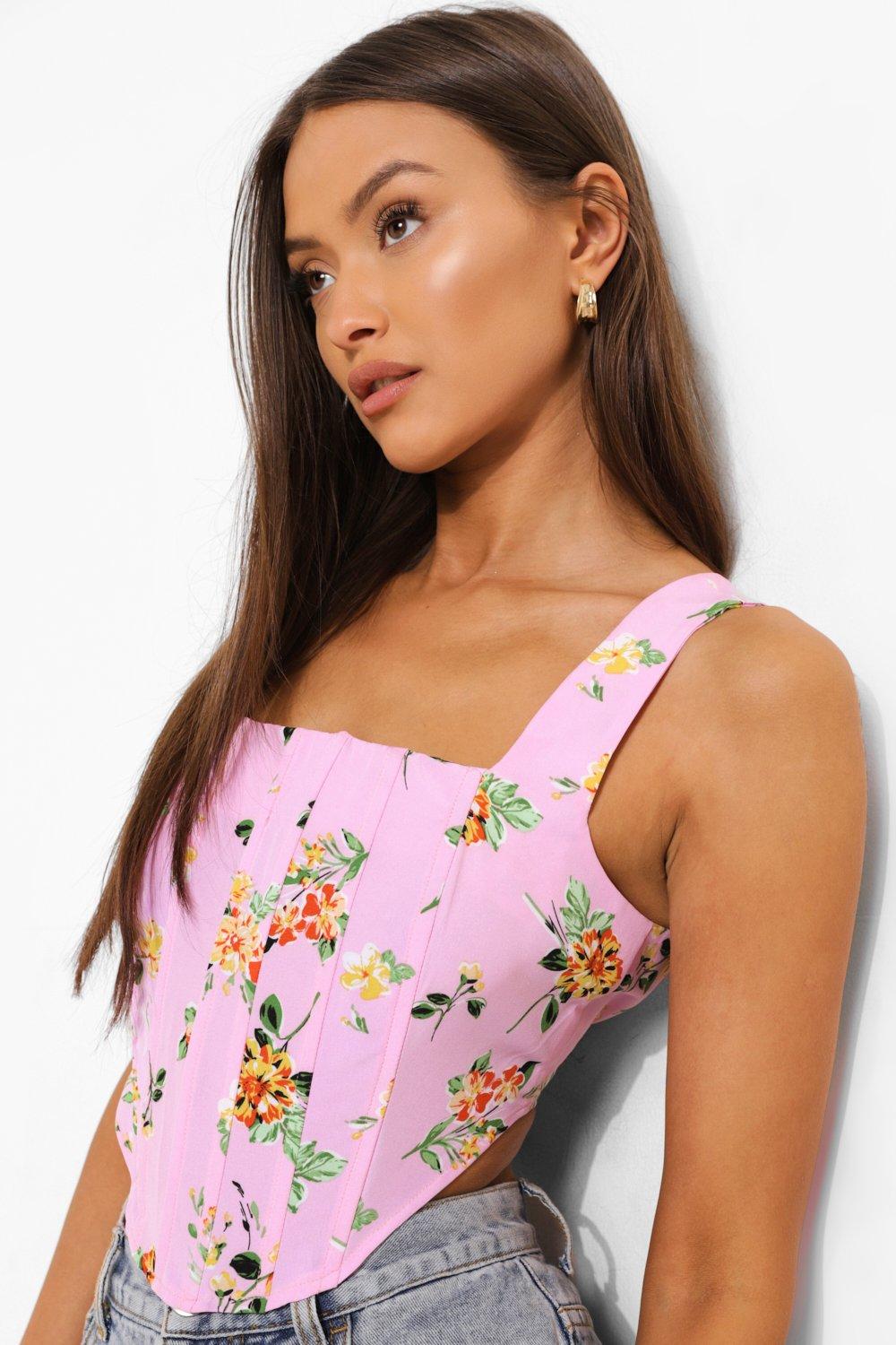 Square Neck Summer Crop Top Floral Embroidery Corset With