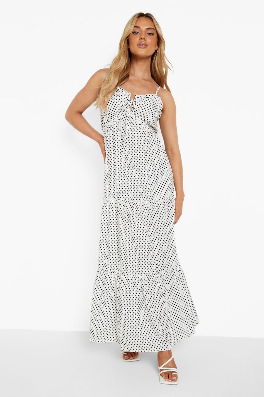 White Polka Dot Tie Bust Tiered Maxi Dress image number 1
